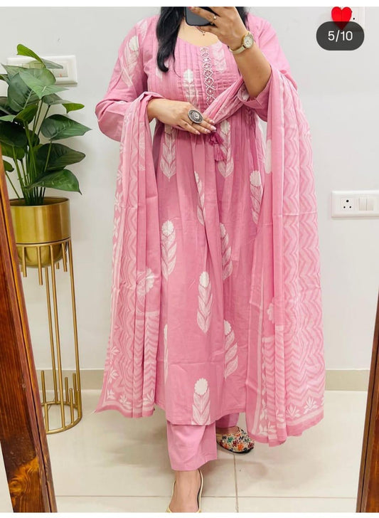 Pink Block Ikat Print Kurta Set with Dupatta